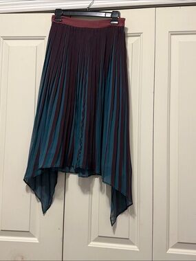By Malene Birger Burgundy and Teal Striped Pleated Midi Skirt